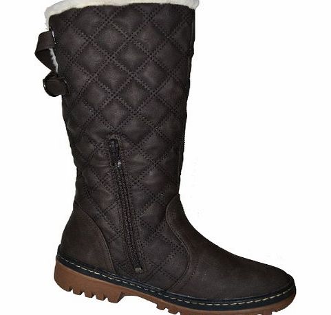 ORIGINMENSWEAR [Khaki, 6] LADIES WOMENS G1 CALF LENGTH FUR LINED QUILTED BUCKLE BIKER RIDING BOOT SHOES